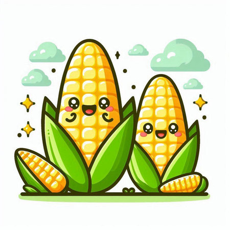 Cute cartoon corn characters. Vector illustration. Isolated on white background.のイラスト素材