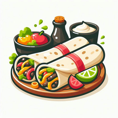 Mexican burritos with guacamole and vegetables on wooden plate. Vector illustrationのイラスト素材