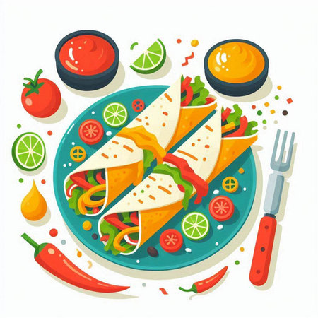 Mexican tacos on a plate with vegetables and meat. Vector illustrationのイラスト素材