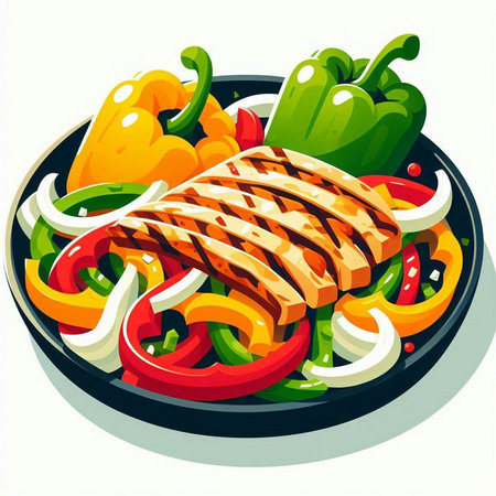 Salad with grilled chicken fillet and vegetables. Vector illustration.のイラスト素材