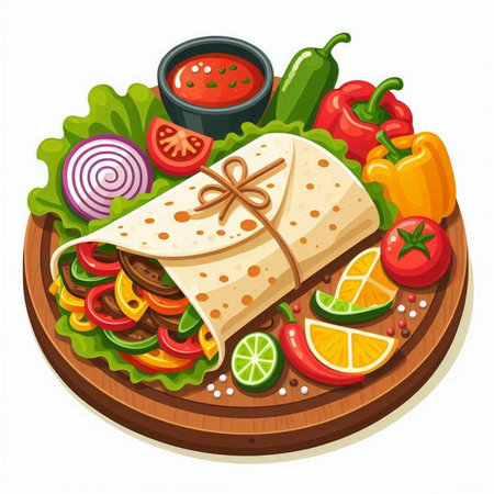 Mexican burrito with vegetables and sauce isolated on white background.のイラスト素材