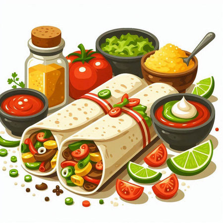 Mexican burritos with vegetables and sauce. Vector illustration.のイラスト素材