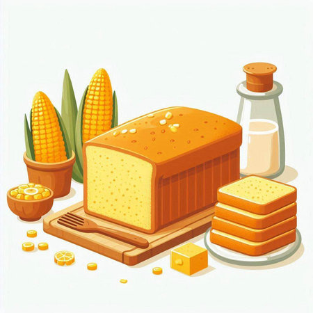 Illustration of a loaf of bread, corn and butter on a white backgroundのイラスト素材