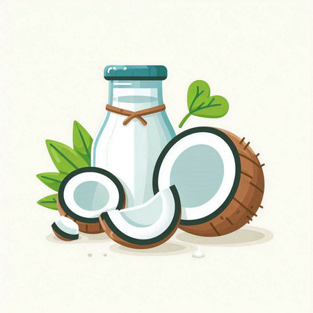 Coconut milk in a glass bottle with a lid. Vector illustration.のイラスト素材
