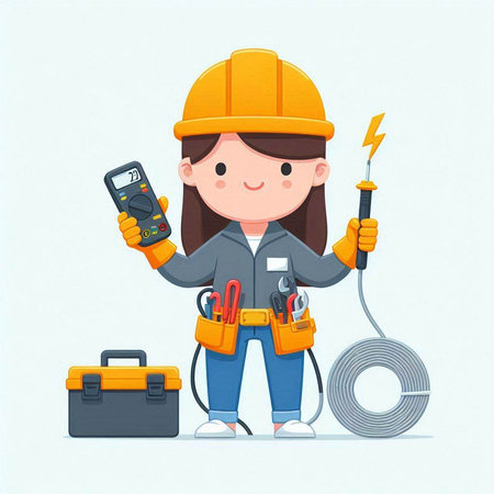 Female electrician with tools on white background. Vector cartoon illustration.のイラスト素材