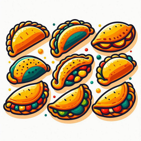 Set of vector hand drawn traditional Mexican empanadas. Vector illustrationのイラスト素材