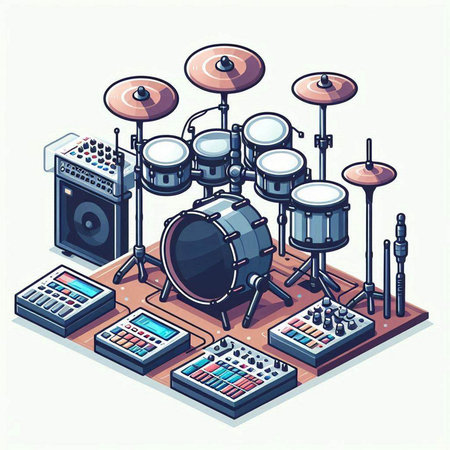 Drum kit isometric composition with music instruments and equipment isolated vector illustrationのイラスト素材