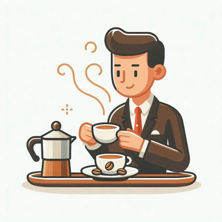 Businessman drinking coffee in cafe. Vector illustration in cartoon style.のイラスト素材