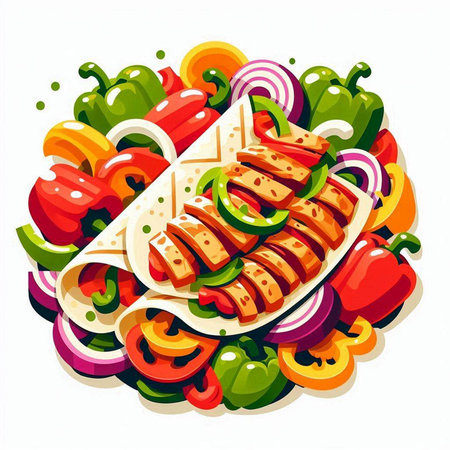 Mexican food vector illustration. Traditional mexican tacos with meat and vegetables.のイラスト素材