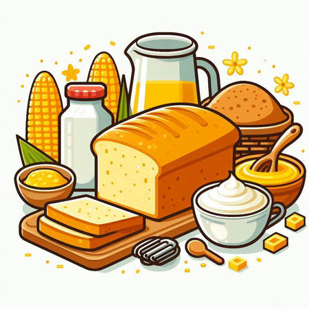 Illustration of a Freshly Baked Bread, Milk, Butter, Honey, Oat, Oat, Sugarのイラスト素材
