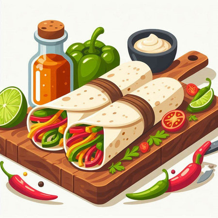 Mexican burritos on wooden board. Vector cartoon illustration.のイラスト素材