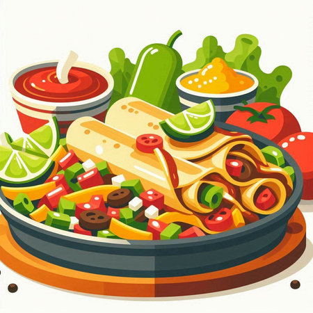 Mexican food vector illustration. Traditional mexican tacos with salsa, guacamole and guacamoleのイラスト素材