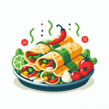 Mexican food vector illustration. Traditional mexican tortillas with vegetables, cheese and meat.のイラスト素材
