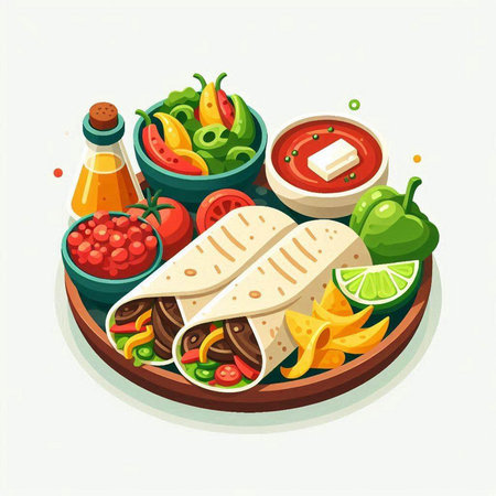 Mexican food vector illustration. Traditional mexican tacos with guacamole, cheese, salsa, guacamole, burrito, guacamoleのイラスト素材