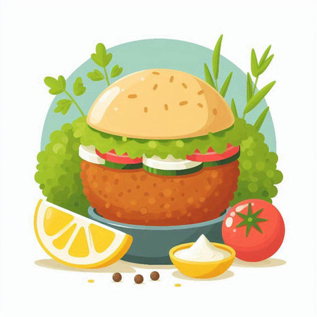 Vegetarian burger with vegetables and lemon. Vector illustration in flat styleのイラスト素材