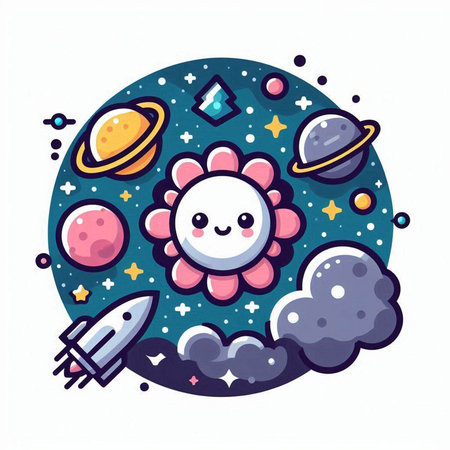 Cute cartoon kawaii flower in space. Vector illustration.のイラスト素材
