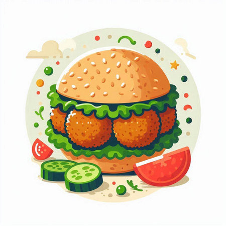Illustration of a hamburger with vegetables on a white background.のイラスト素材