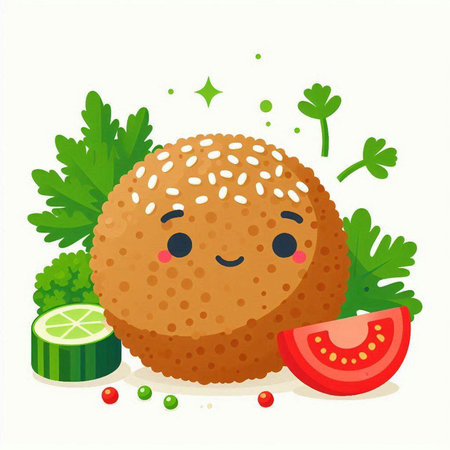 Cute fried meatball character with parsley, tomato and cucumberのイラスト素材