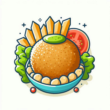 Illustration of a fried chicken in a bowl with fries and vegetablesのイラスト素材