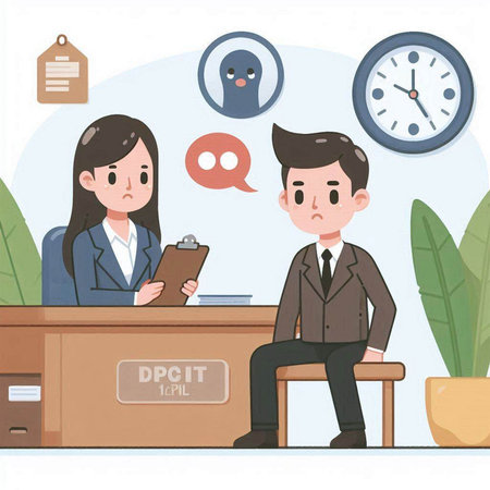 Businessman and businesswoman talking in office. Vector illustration in flat style.のイラスト素材
