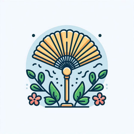 Folding fan with leaves and flowers. Vector illustration in linear styleのイラスト素材