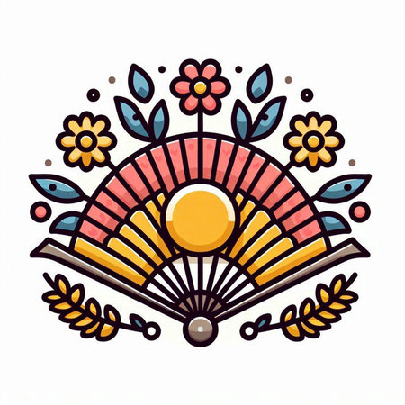 Folding fan with floral ornament on white background. Vector illustration.のイラスト素材