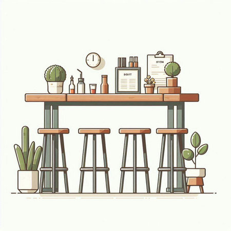Vector illustration of a bar interior with chairs, table, accessories and plants.のイラスト素材