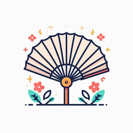 Folding fan with flowers and leaves. Vector hand drawn illustration.のイラスト素材