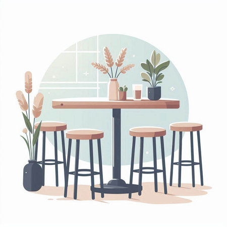 Vector illustration of a cafe interior with tables, chairs and vasesのイラスト素材