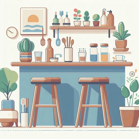 Interior of cafe with bar counter, stools, coffee table, shelves and plant pots. Vector illustrationのイラスト素材