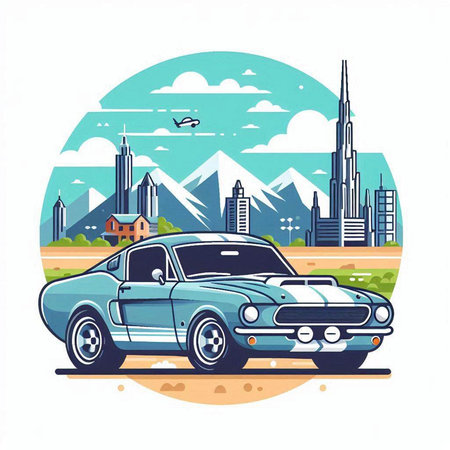 Retro car on the background of the city. Vector illustration.のイラスト素材
