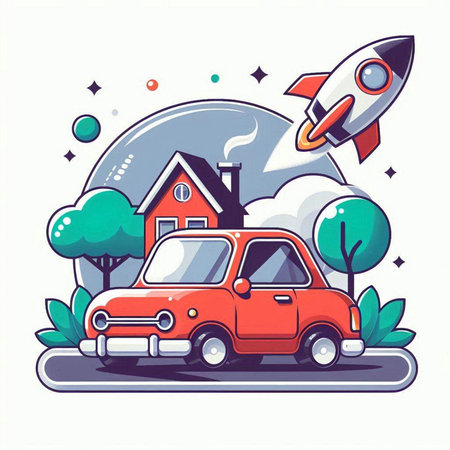 Vector illustration of a red car on the road with a house and rocket.のイラスト素材