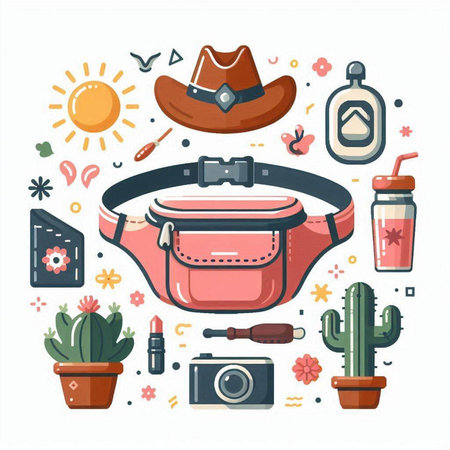 Cactus, hat, sunglasses, camera and other accessories. Vector illustration.のイラスト素材