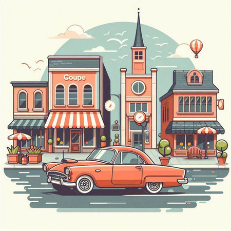 Retro city street with old american car. Vector illustration.のイラスト素材