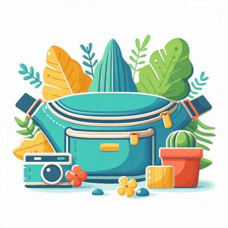 Vector illustration of a set of travel items, luggage, camera and plants.のイラスト素材