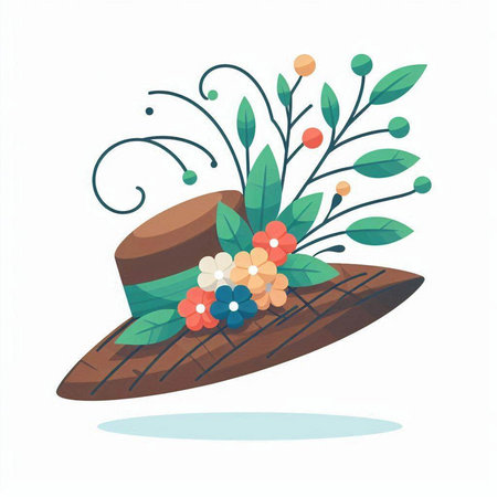 Vector illustration of a hat with flowers and leaves on a white backgroundのイラスト素材