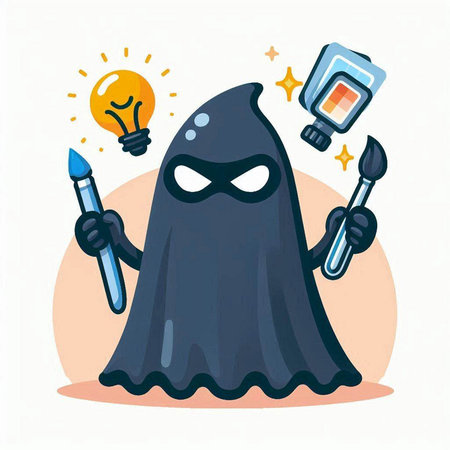 Vector illustration of a cartoon character with a beard and mustache, holding a paintbrush and a light bulb.のイラスト素材