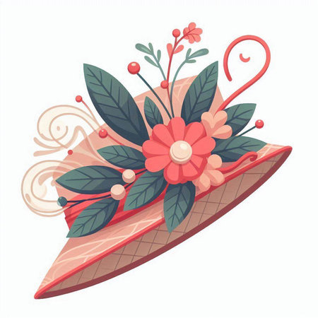 Vector illustration of a woman's hat decorated with flowers and leaves.のイラスト素材
