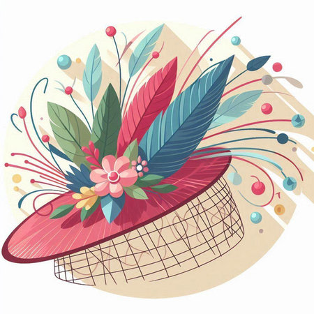 Hand drawn illustration of a hat with feathers and flowers. Vector.のイラスト素材
