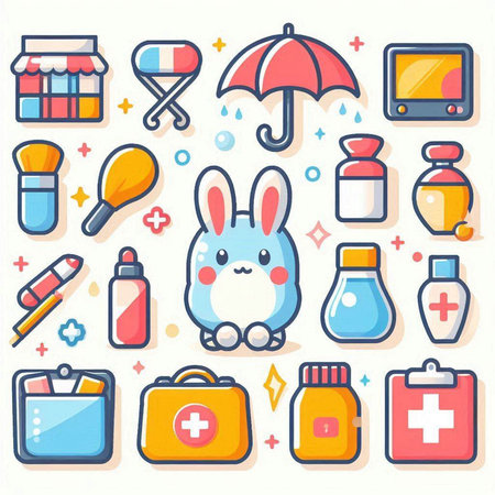 Bunny icons set. Colorful vector illustration in flat style.のイラスト素材
