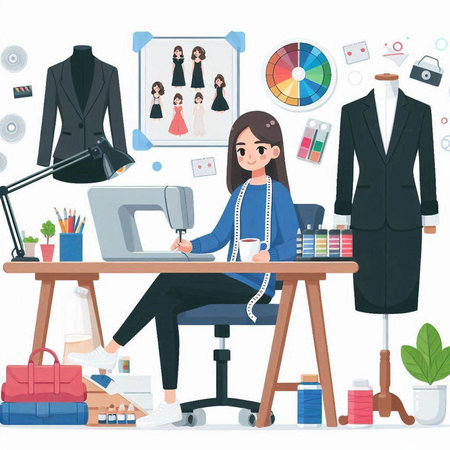 Fashion designer working at her workplace. Vector illustration in flat styleのイラスト素材