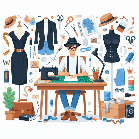 Fashion designer working at his desk. Vector illustration in cartoon style.のイラスト素材