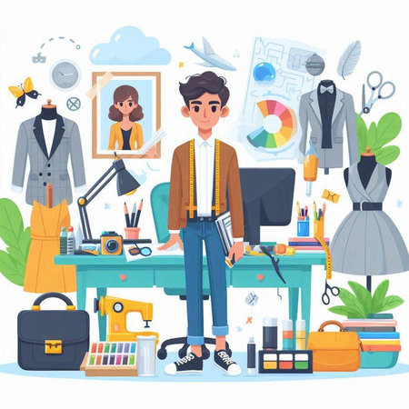 Fashion designer man working at his workplace. Vector illustration in cartoon styleのイラスト素材