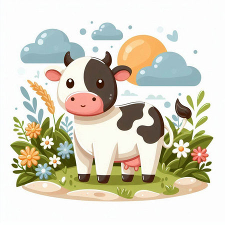 Cute cartoon cow in the meadow with flowers. Vector illustrationのイラスト素材