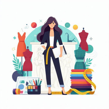 Fashion designer woman at work. Vector illustration in flat style.のイラスト素材