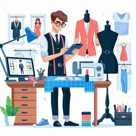 Fashion designer man working at his studio. Vector flat cartoon illustrationのイラスト素材