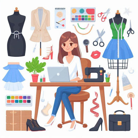 Fashion designer woman working at her desk. Vector illustration in cartoon styleのイラスト素材