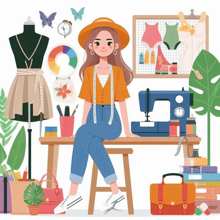 Fashion designer woman working in her studio. Vector illustration in cartoon style.のイラスト素材