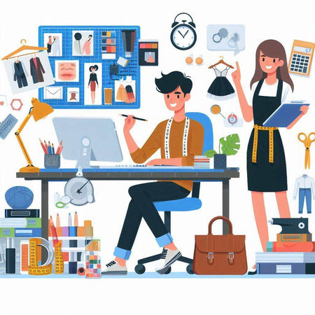 Designer, fashion designer at work. Vector illustration in flat styleのイラスト素材