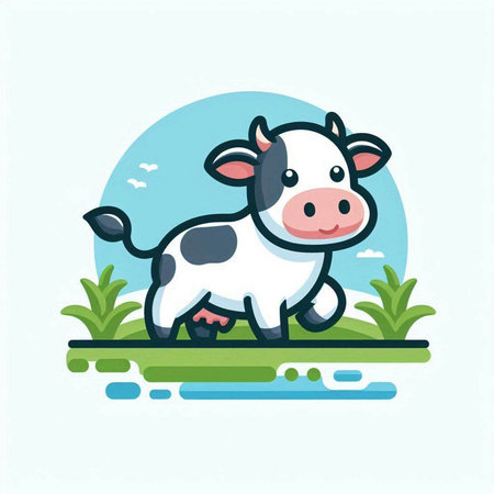 Cute cartoon cow. Vector illustration in a flat style on a blue background.のイラスト素材